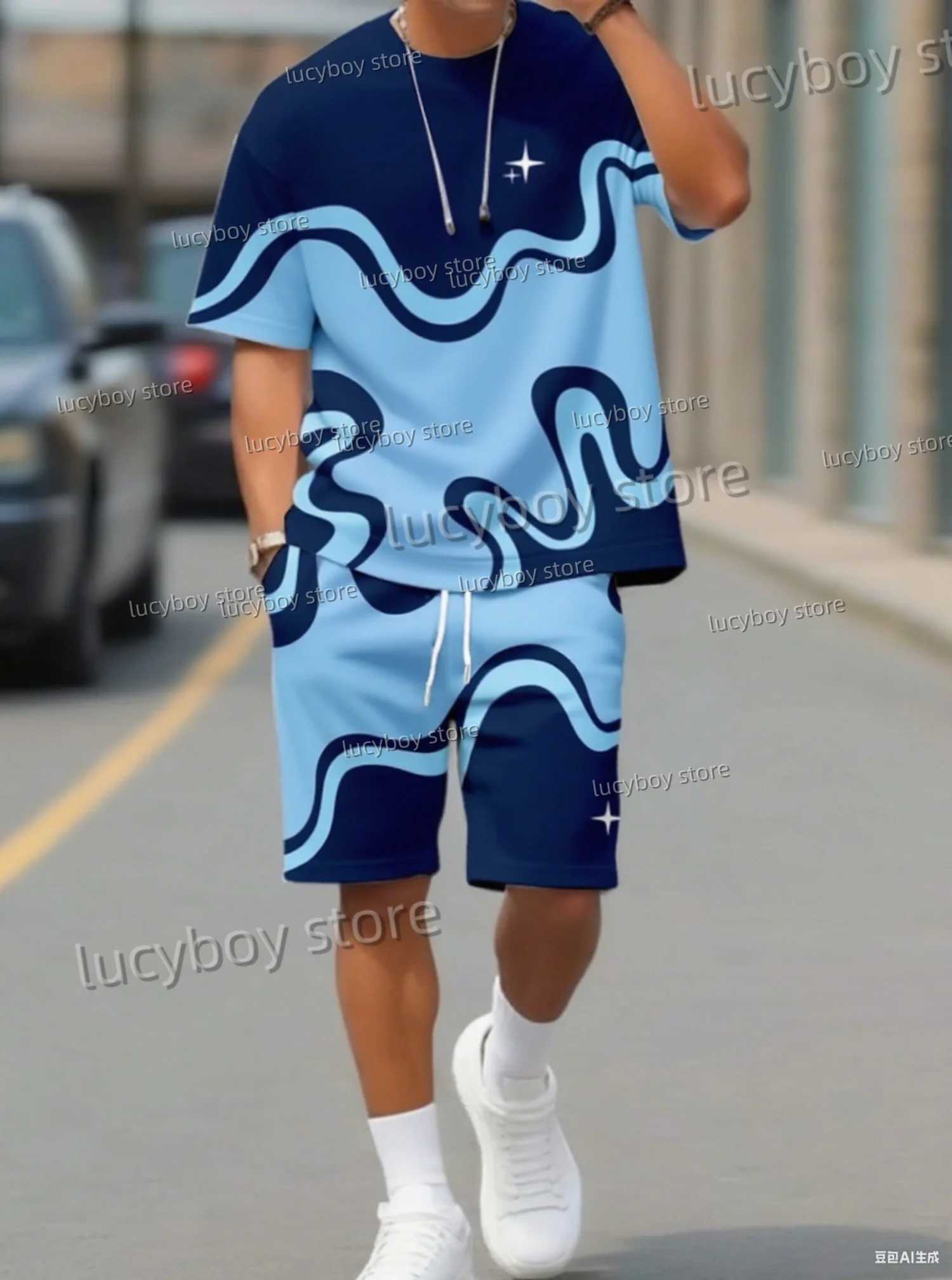 2025 Summer Men 3D digital wave Print Set Short Sleeve T-Shirt Shorts Set Adult Sport Jogging Plus Size Tracksuit 2 Piece Set T260924
