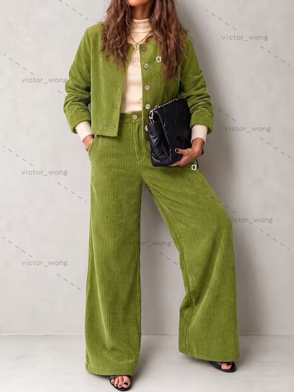 D89 Designer Women Corduroy Two Piece Outfit Round Neck Button Cropped Jacket Set High Waist Wide Leg Pants Autumn Tracksuit Set