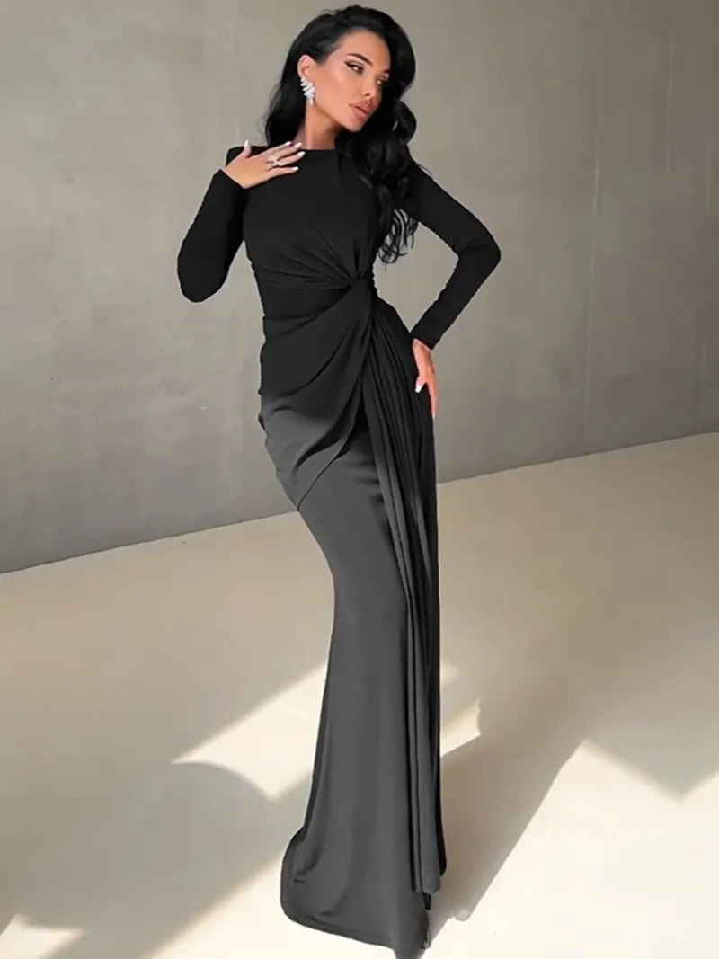 Elegant O-neck Long Sleeve Folds High Waist Bodycon Black Evening Party Dresses Women's y Formal Occasion Prom Dress Gowns 260923