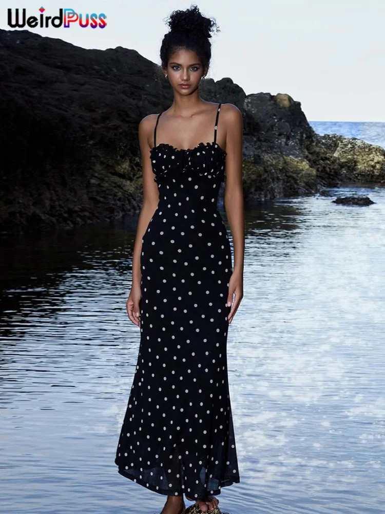 Weird Puss Summer Trend Slash Neck Dress Women Polka Dots Print Spaghetti Strap Skinny Elegant Clubwear Maxi Bodycon Vestidos 260922