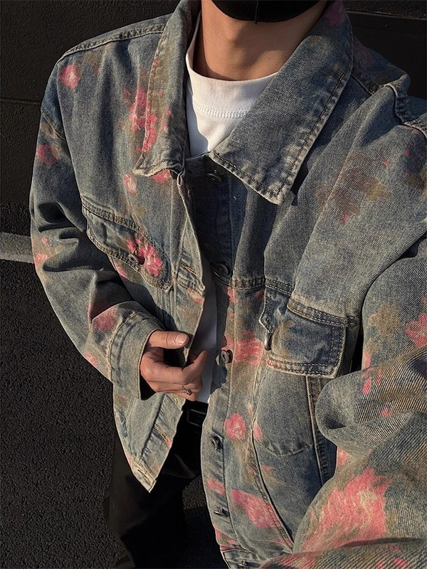 Floral-print denim for men, spring/autumn design, trendy brand, lapel collar, American high-street workwear jacket
