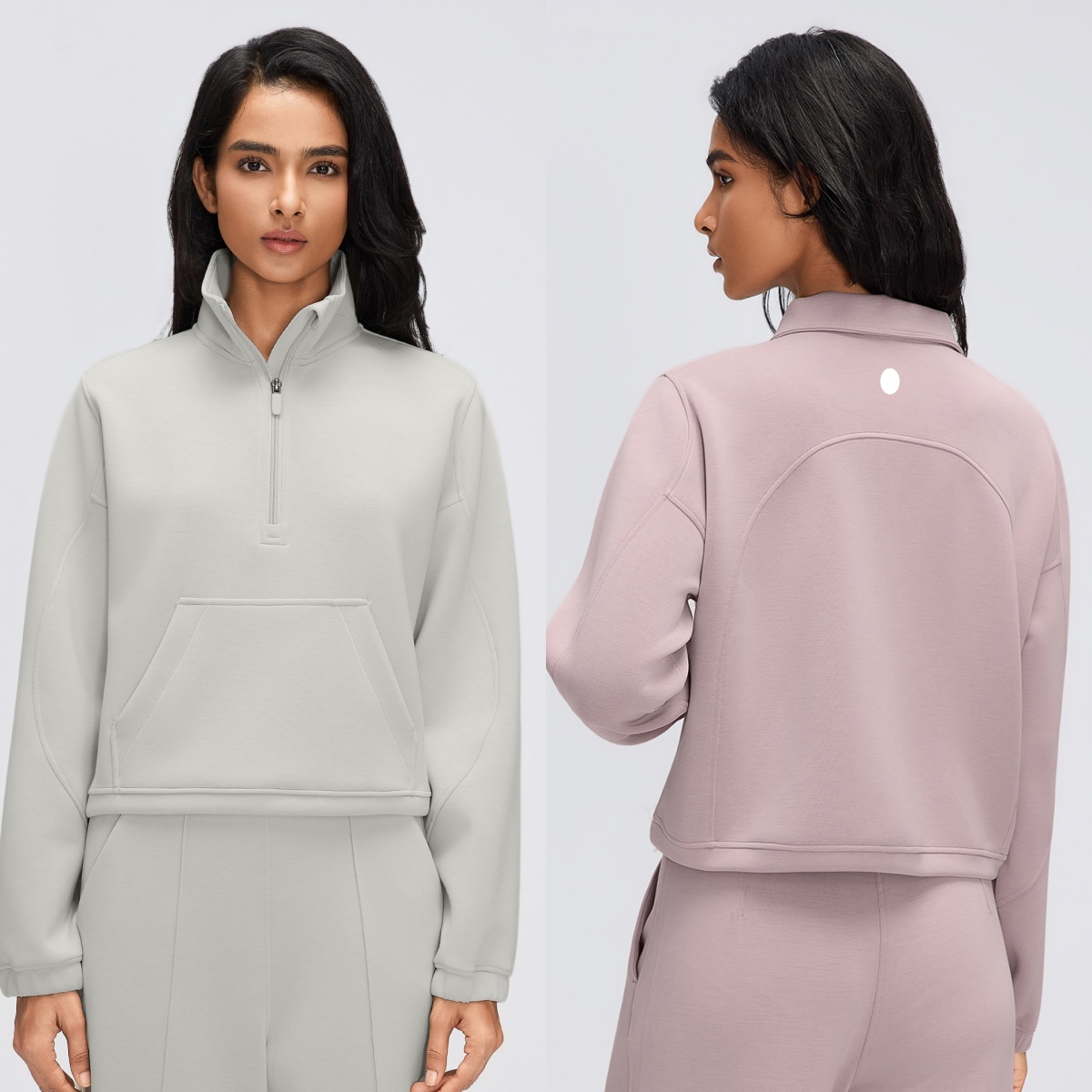 L6606 Women's Silver Silica Gel Versatile Sports Hoodie Half-Zip Long-Sleeve Loose Fit Running and Fitness Top Lightweight Durable Sportswear V
