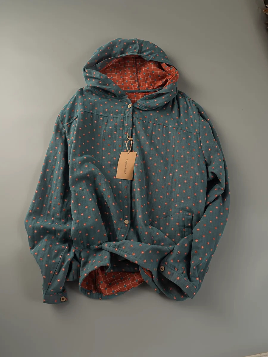 100% Cotton Yarn Loose Hooded Plaid Shirts for Women Autumn Spring Casual Blouses Females Hoodies Classic Oversized Tops 260923