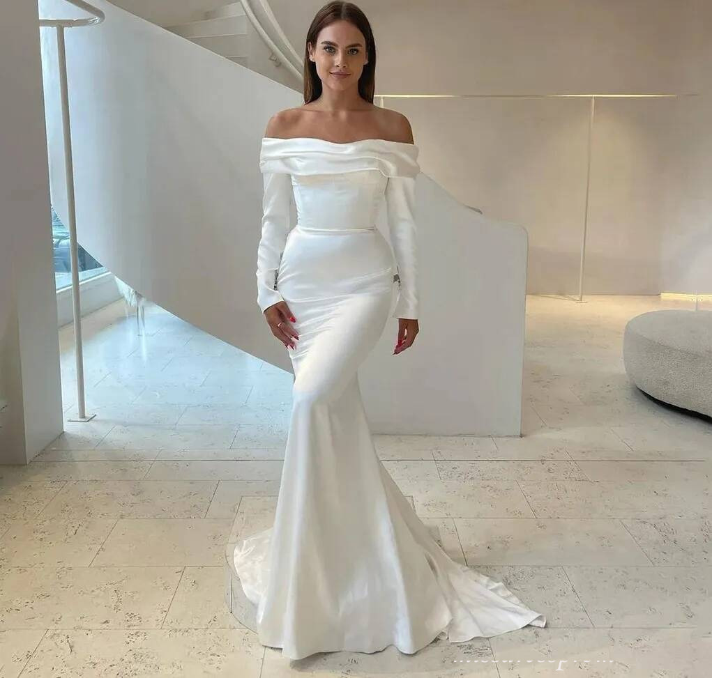 White Mermaid Evening Pageant Dress 2025 Pleat Long Sleeves Off the Shoulder Backless Satin Prom Party Formal Gowns Vestidos Feast Robe De Soiree