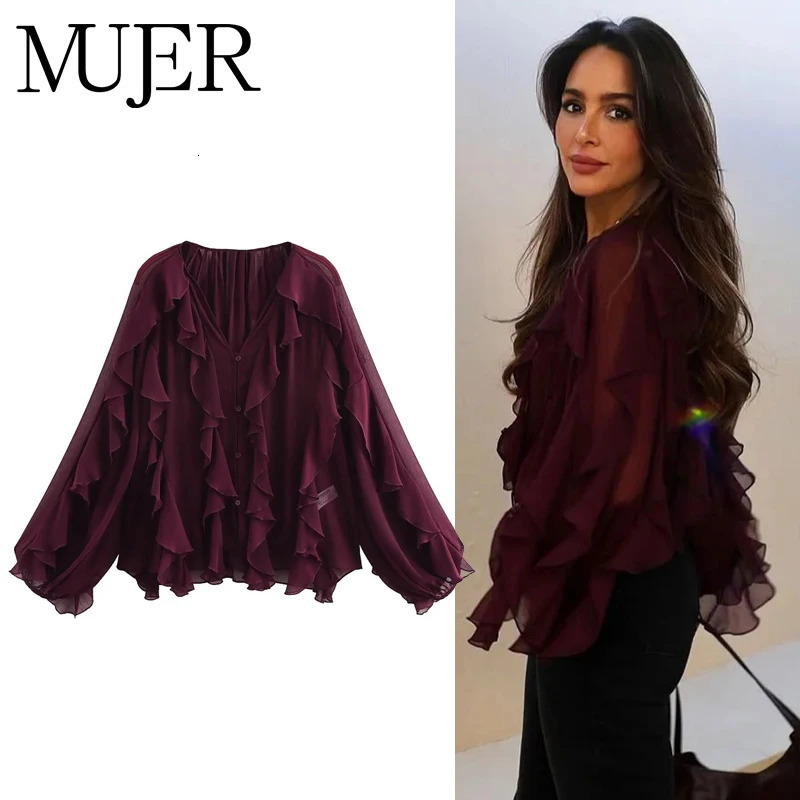 MUJER Ruffle Womens Blouses Semi Sheer Casual Blouses Woman Spring Fairy Shirts and Blouses for Lady Long Sleeve Tops Woman 260923