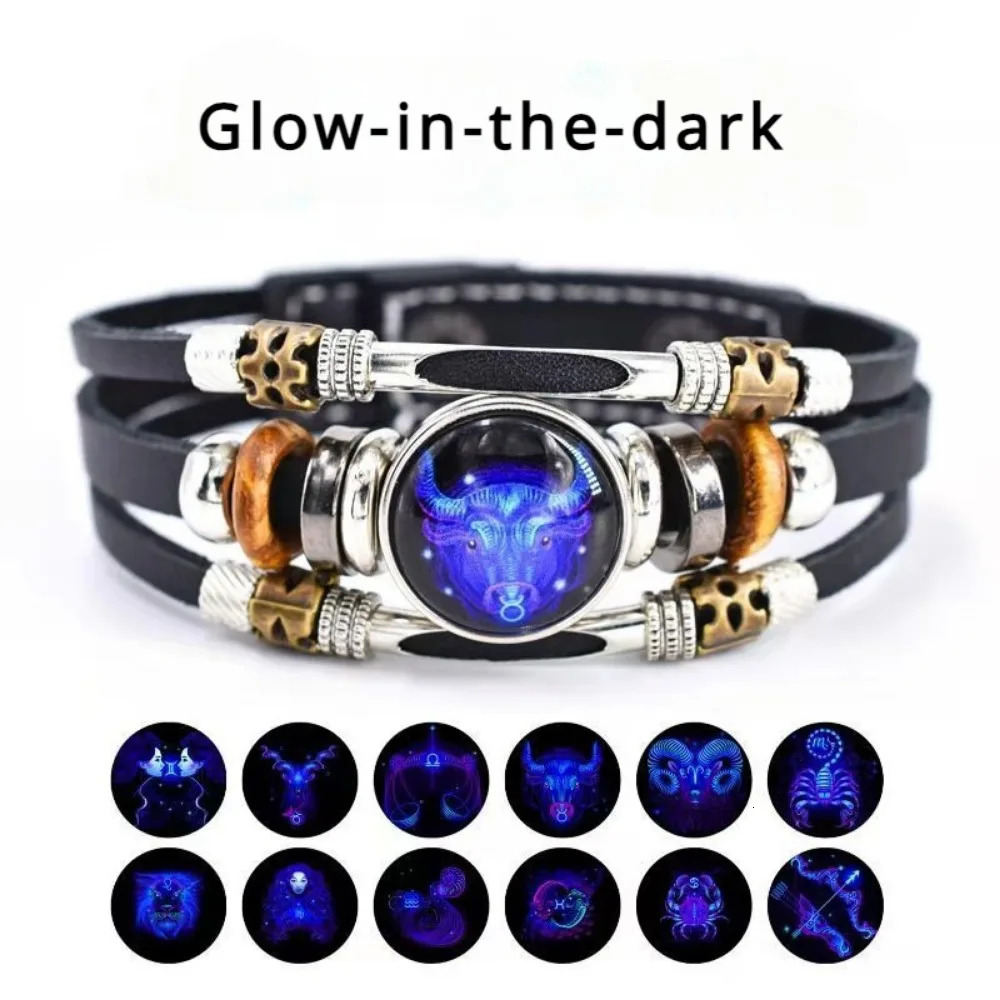 Pulsera de cuero luminosa de doce constelaciones, pulsera de cuero con cuentas multicapa retro, regalos de joyería para hombres, mujeres, parejas 26