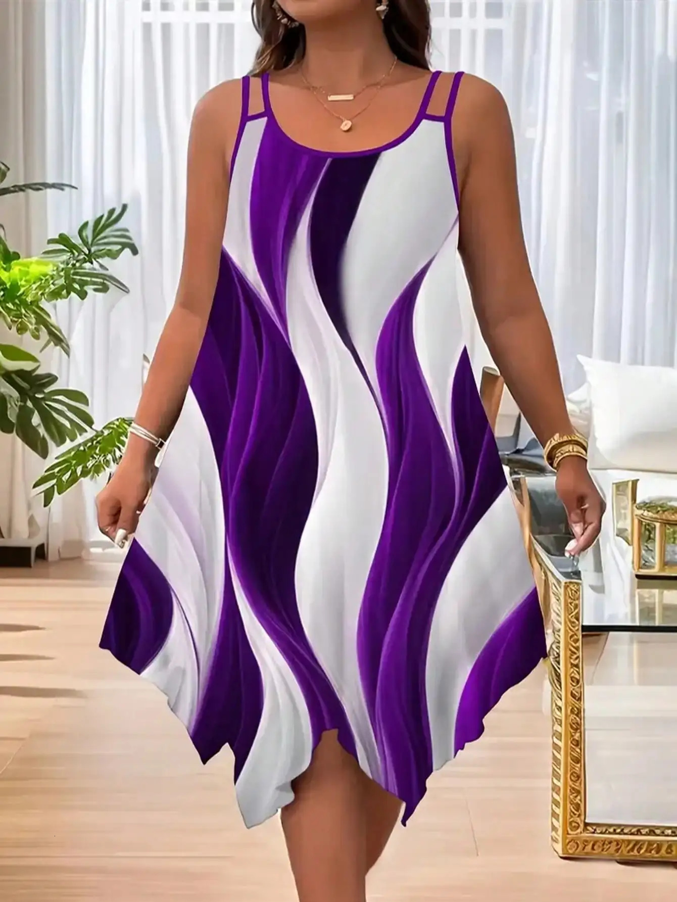 Plus-size women's fashion asymmetrical geometric stripes printed double strap dress 260922