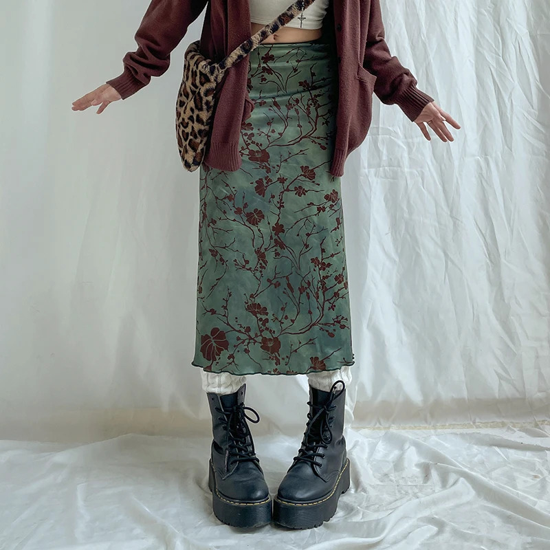 SUCHCUTE Y2K Vintage Floral Printing Midi Skirts Women Harajuku Fairycore Green Straight Maxi Skirt Aesthetic Sweet Girl Clothes 260928
