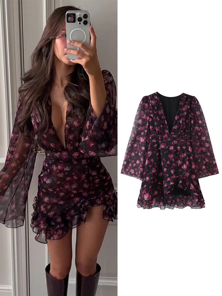 TFMLN Elegant Women Floral Print Ruffle Hem Dress Sexy Deep VNeck Flare Sleeve Bodycon Mini Dresses 2026 Summer Lady Wear 260924