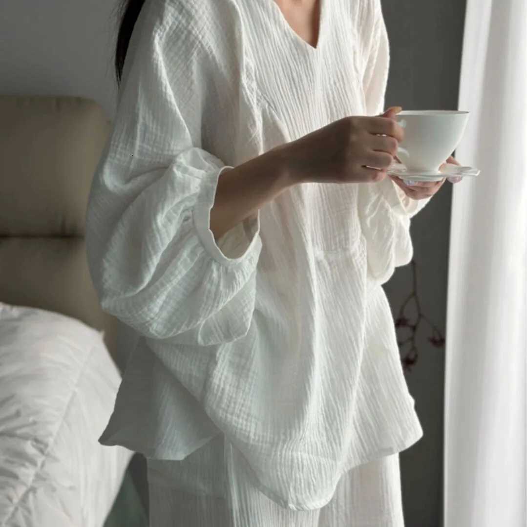Women's Sleep Lounge Spring and Autumn Women's Long Sleeved Pajama Home Clothing Set Pure White V-neck Long Sleeved Pants Pajama Home Clot