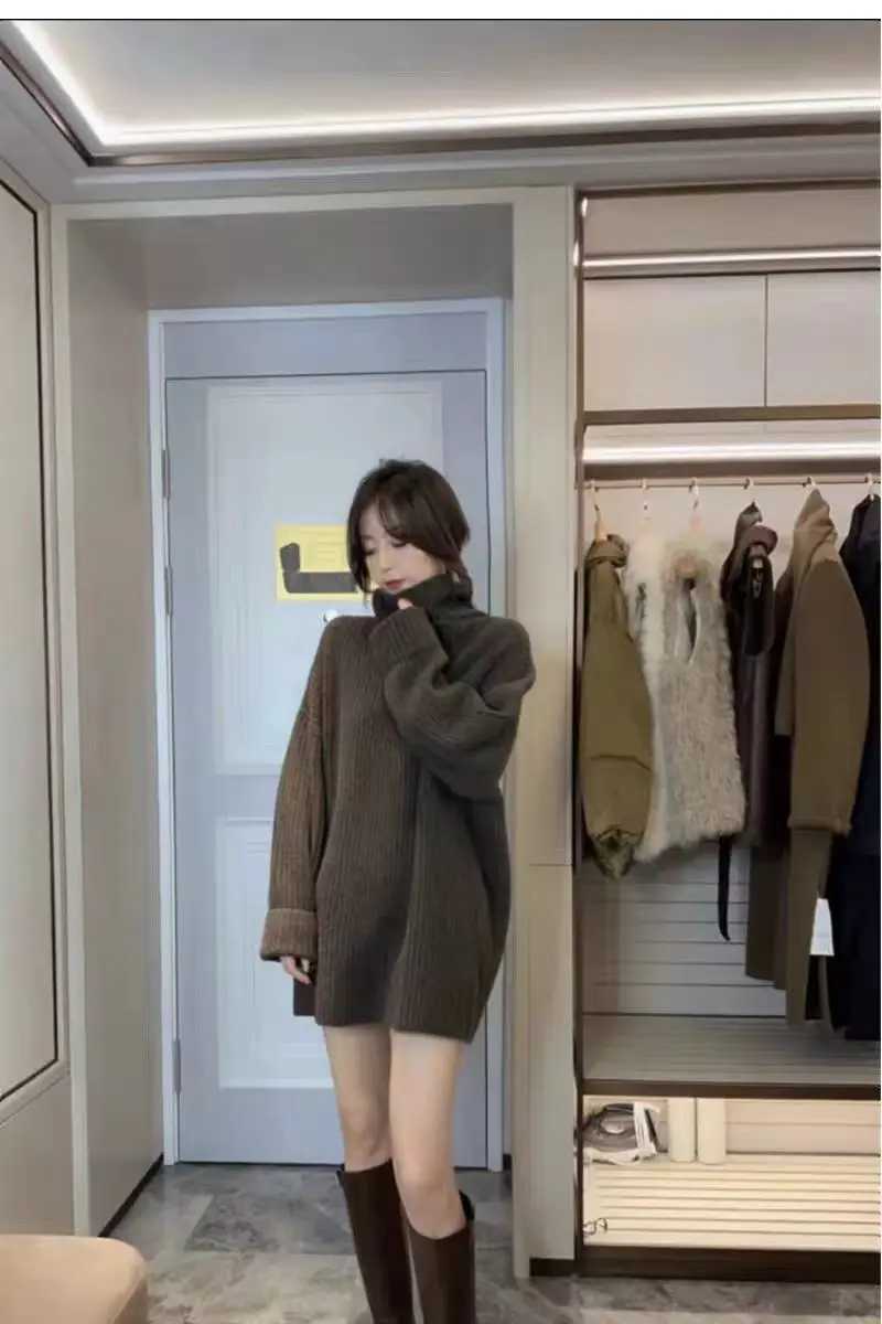 Women's Sweaters 100% Merino Wool Women's High Neck Pullover Mid To Long Loose Autumn Winter Casual Fashion Cashmere Knitted Sweater H2609