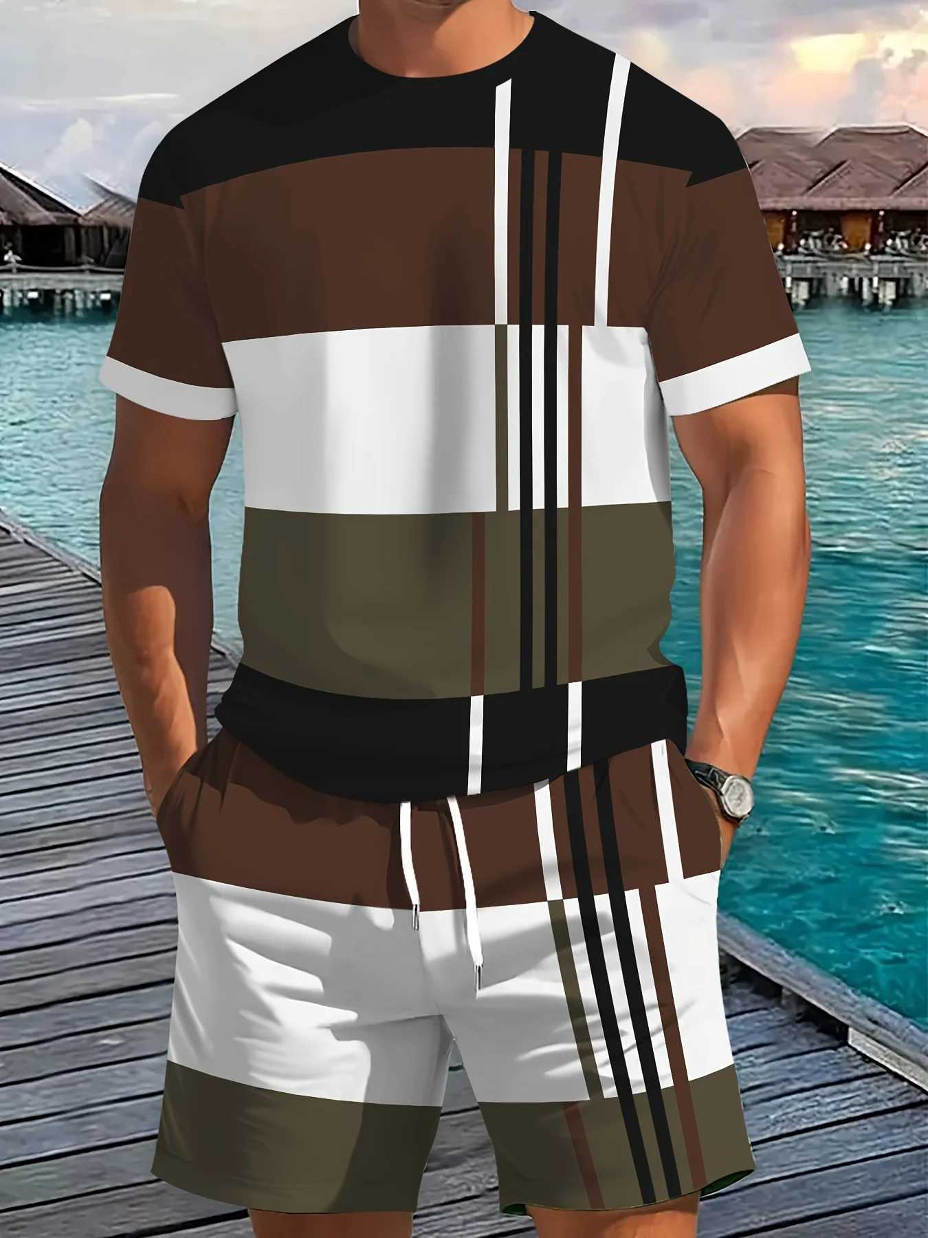 Summer Urban Trend Men's Set Casual Short-Sleeve Shirt Shorts Two-Piece Set Striped Geometric Print Outdoor Casual Streetwear T260924