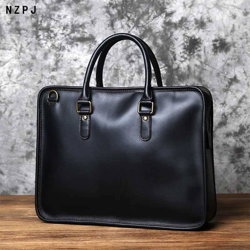 Briefcases NZPJ Men's Briefcase Leather Handbag Top Layer Cowhide Laptop Bag Crazy Horse Leather Shoulder Messenger Bag Bag H260923