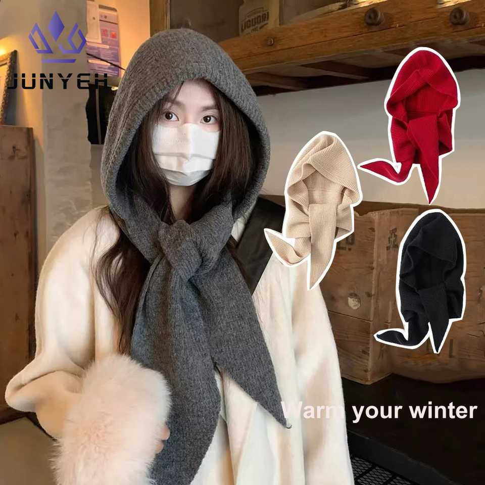Korean Balaclava Bonnet Women Skullies Beanies Hat Scarf One-piece Thickened Warm Neck Protection Winter Accessories Knitted Cap