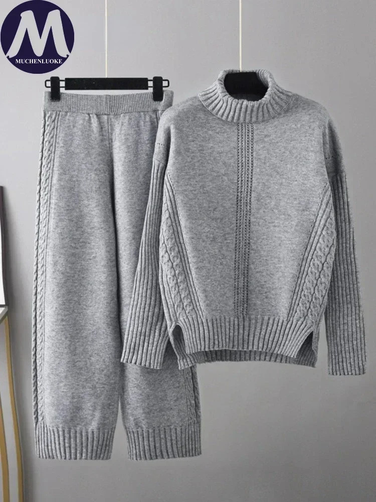 Womens Turtleneck Knit Sweater And Coat Set Casual Loose Elastic Waist Wideleg Pants 2Piece Autumn Winter Outfit 260923