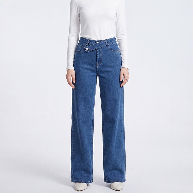 Women Blue Denim Wide Leg Trousers High Waist Asymmetric Cross Waistband Loose Fit Button Closure Minimalist Street Casual Jeans
