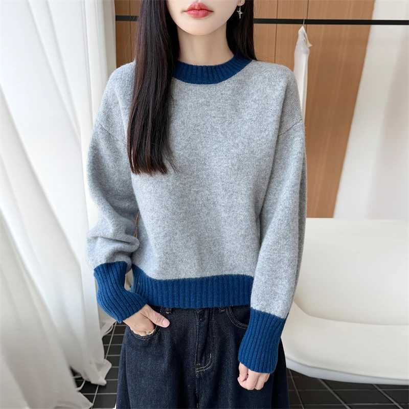 Women's Sweaters Autumn Winter New 100% Merino Wool Sweater O-Neck ColorBlock LongSleeve Woman Knit Top Intellectual Elegant Pullover H260923