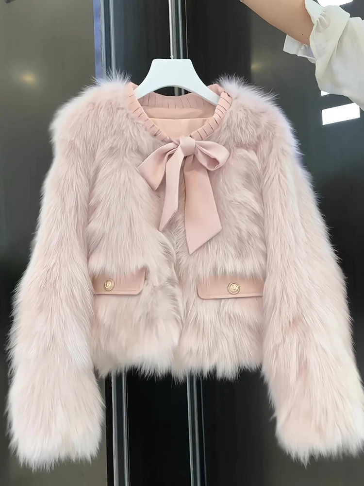 Pink Faux Fur Coat Women Fashion Elegant Bow Fluffy Jacket Winter Ladies Korean Long Sleeve n Furry Short Outerwears 260923