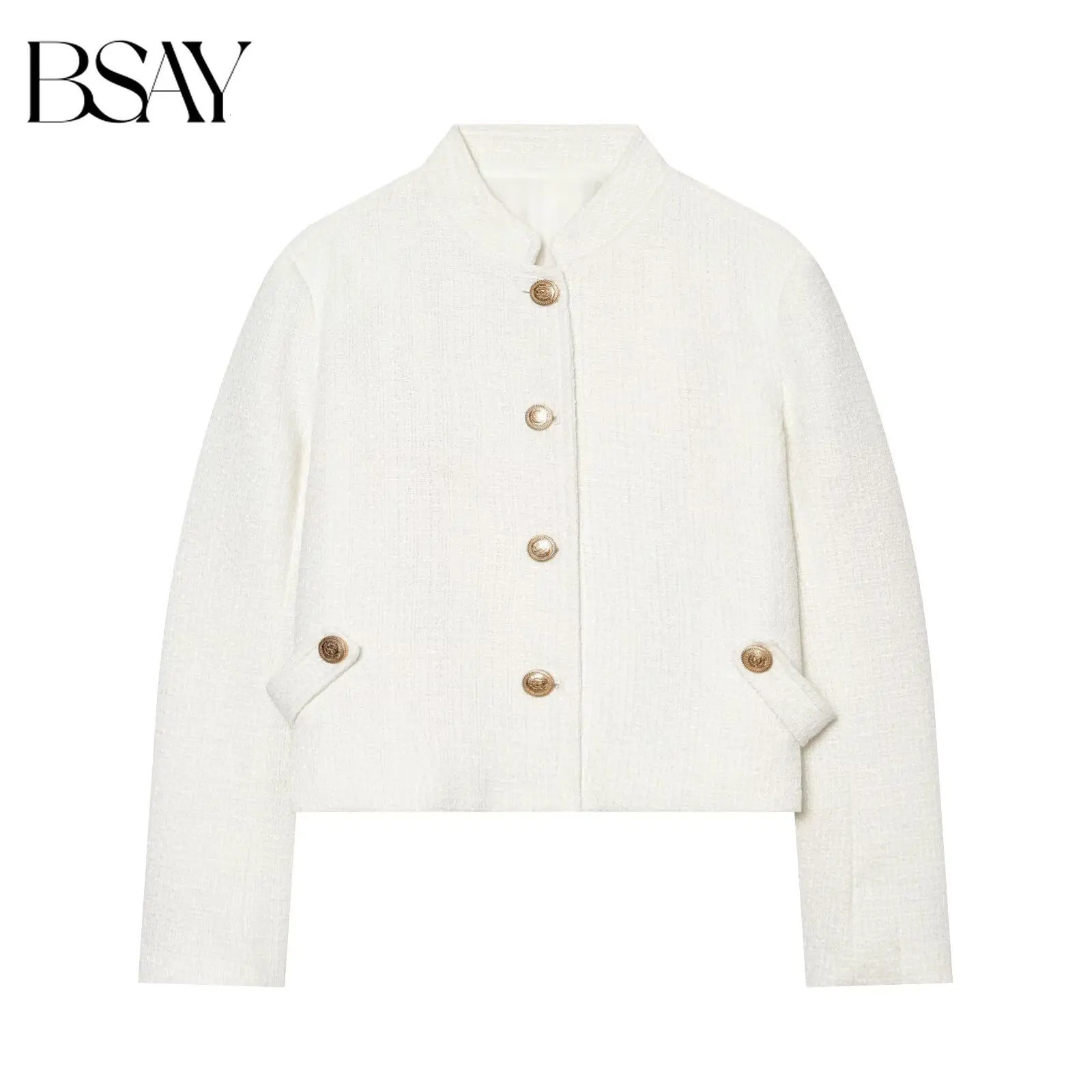 BSAY 2026 Autumn Womens Fashion Stand Collar Short Suit Jacket Gold Button Long Sleeved Solid Color Elegant Workplace Outerwear 260928