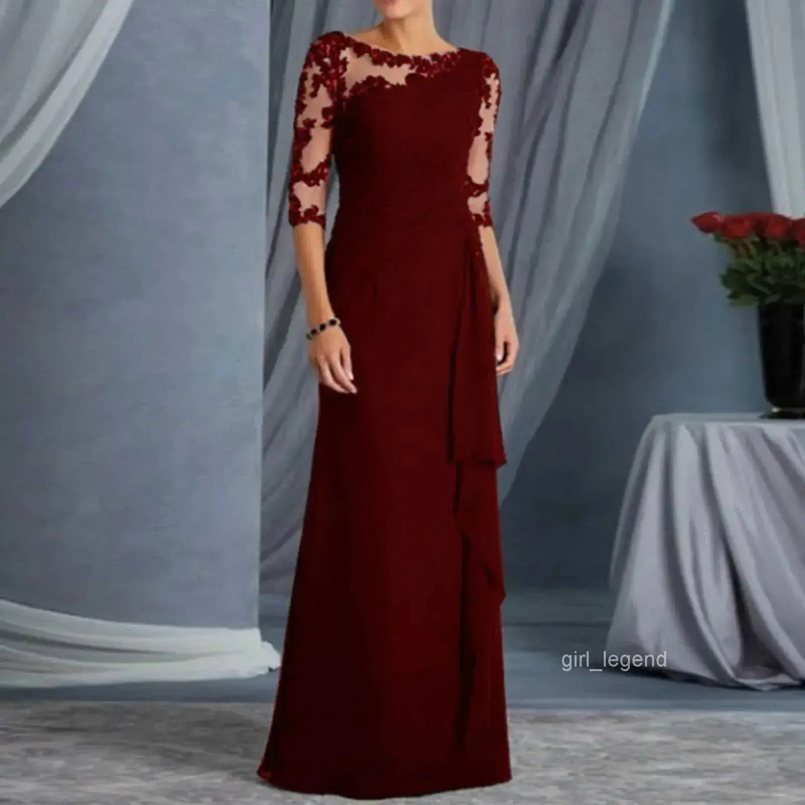Women Casual Dress Ele Party Woman everyday Lace See Through Round Neck Mid Sve Formal Wedding Gowns For Women High Waisted Evening Dresses Ladies B