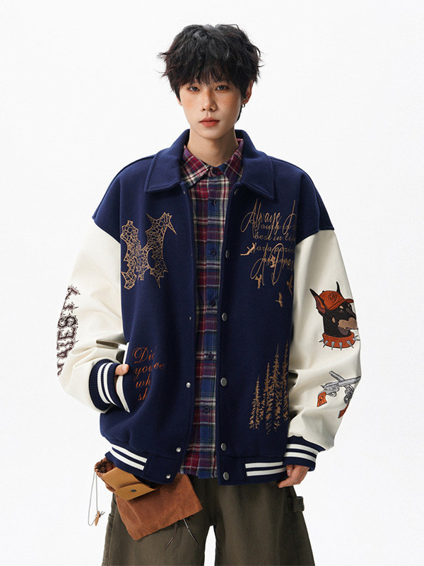 Heavy-duty black and red patchwork embroidered wool jacket, men's spring/autumn/winter American-style oversized bomber jacket
