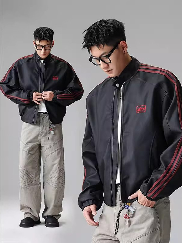 Black stand-up collar striped patchwork motorcycle leather jacket for men, spring/autumn, American trendy brand, stylish and cool short casual outer