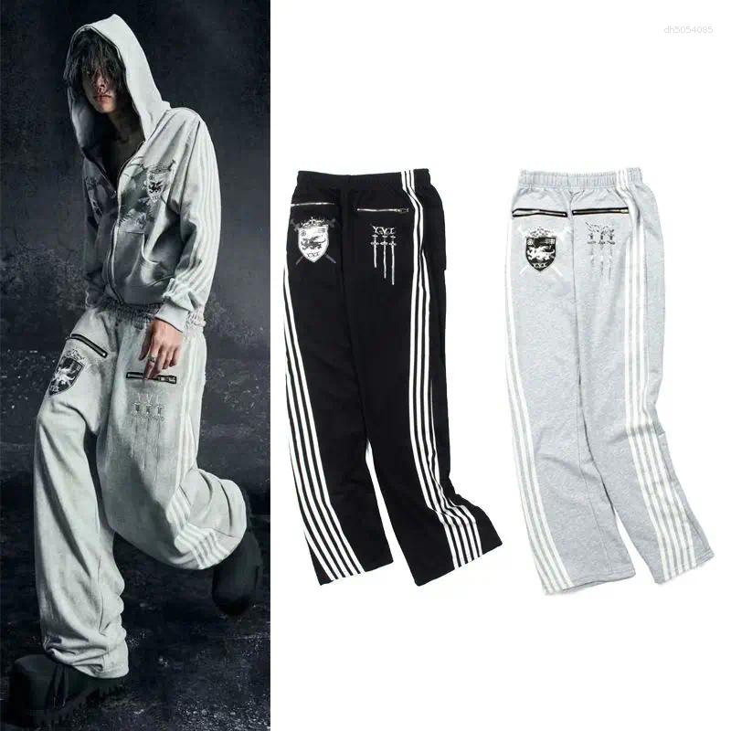 American Stripe Patch Retro Double Layer Design Y2K Pants Baggy Sweatpants Men Hip Hop Gothic Elastic Waist Jogging Casual