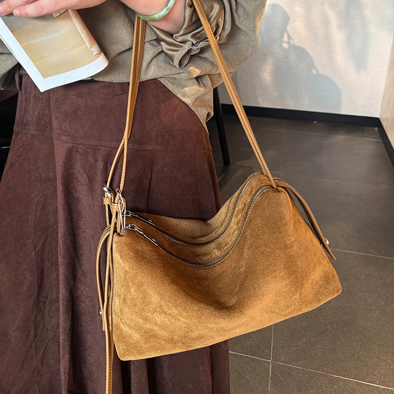 Suede Women's Genuine Leather Shoulder Bag Large Capacity Crossbody Bag Female Versatile Two Zippers n Cowhide Woman Totes 260922