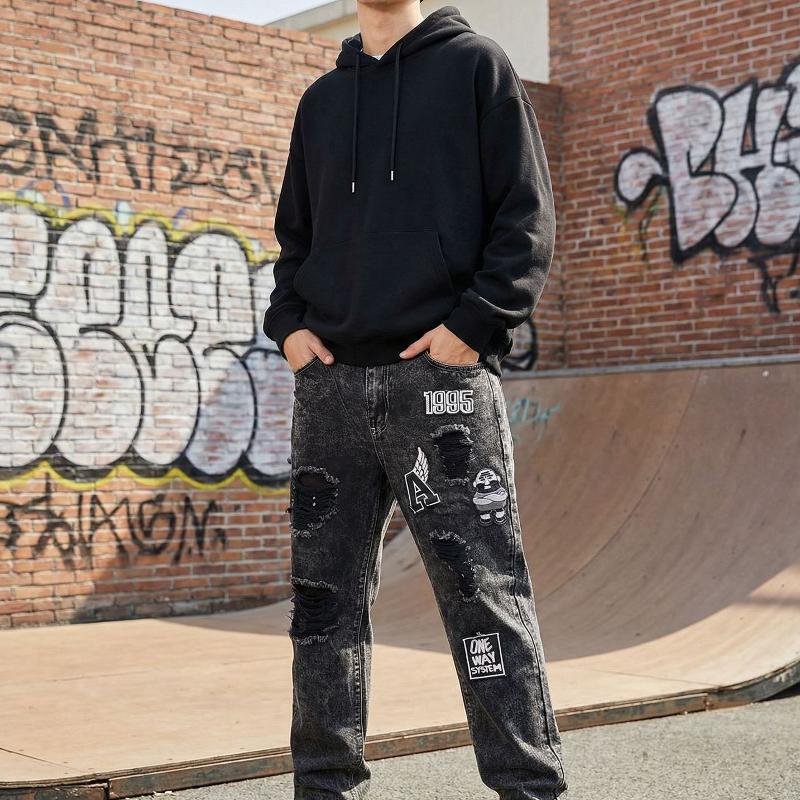 Jean droit délavé pour hommes, pantalon en Denim, taille moyenne, avec numéros de dessins animés, coupe au genou, effiloché, style Hip Hop, décon