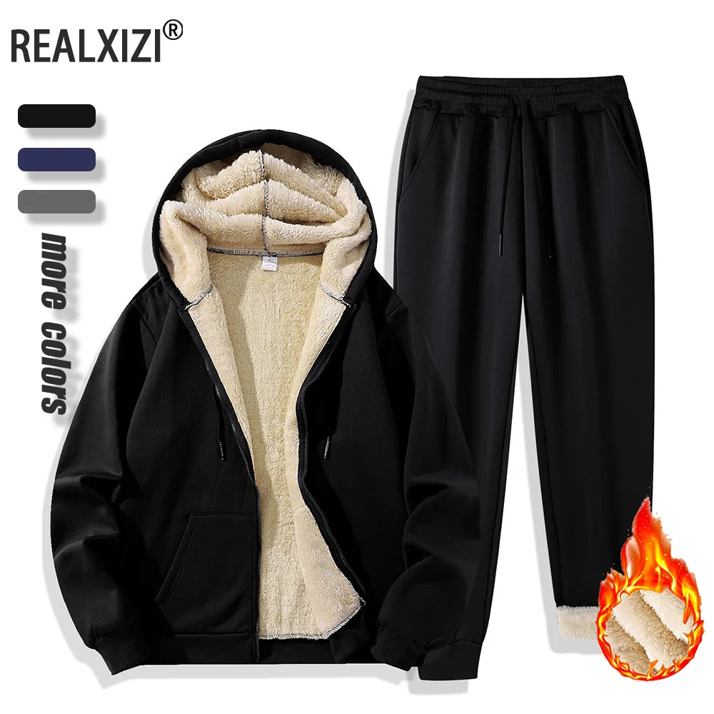 Men's Set Winter Tracksuits Plush Thickened Warm Hooded Jackets Coat Sports Pants Two-piece Set Casual Outdoor Sportswear 260923