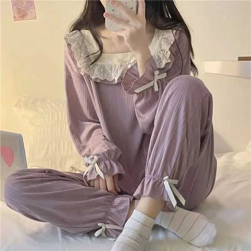 Women's Sleep Lounge Spring and Autumn New Women's Pajamas Homewear Set of Girls Pajamas Spring and Autumn Lace Pit Stripes Student Pajama