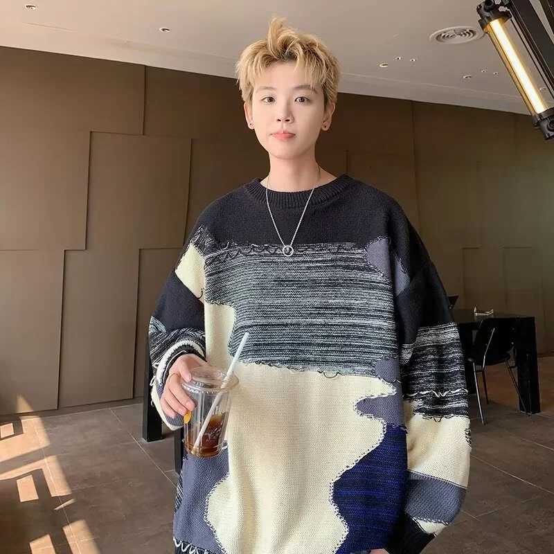 Sweaters 2025 Men's New Men's Harajuku Patchwork Knit Sweater AutumnHip Hop Fashion Crewneck Pullovers Man Y2K Streetwear Knitwear Jumpers