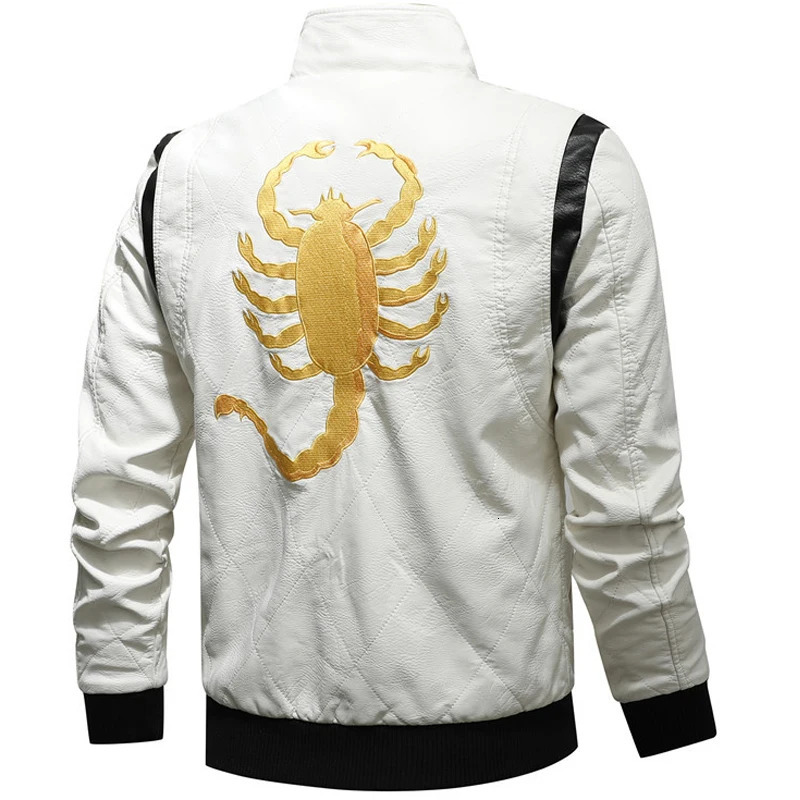 High Quality Men Leather Jacket Scorpion Embroidery Streetwear Windproof Motorcycle Biker Stand Collar Mens PU Jackets 260923