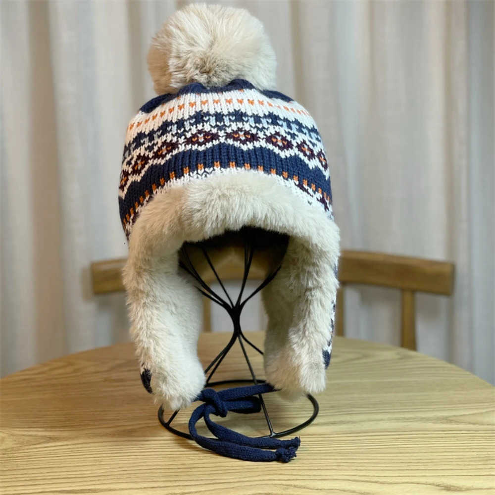 newWinter Warm Knitted Ski With Cute Plush Peruvian Earmuffs Womens Lei Feng Hat S2609241F1I