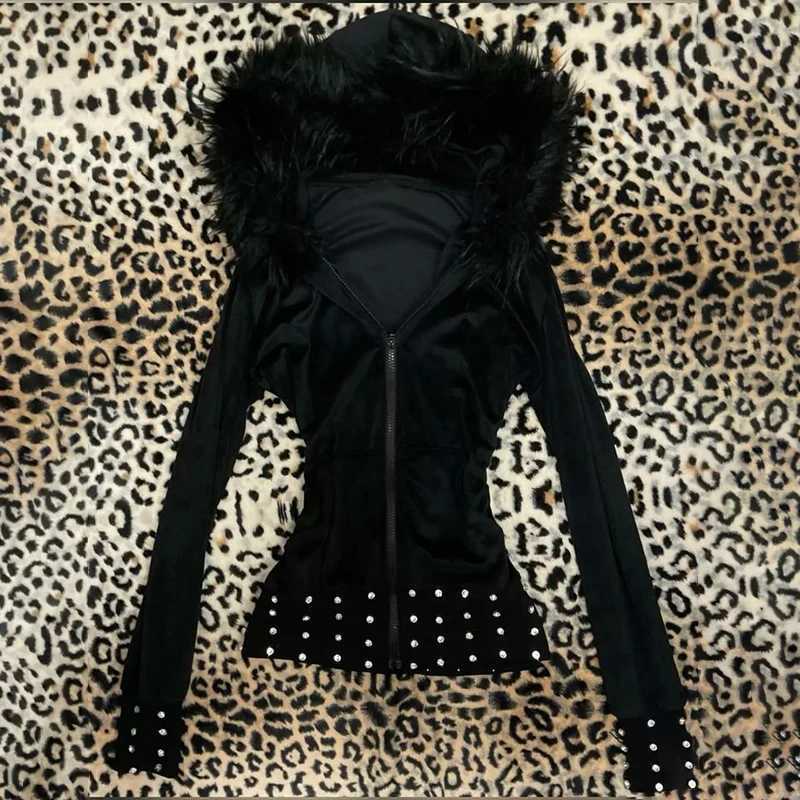 Y2K Harajuku Aesthetic Women's Fur Collar Hoodie Sexy Slim Casual Solid Color Cardigan Sweatshirt Goth Punk Rock Streetwear T260923
