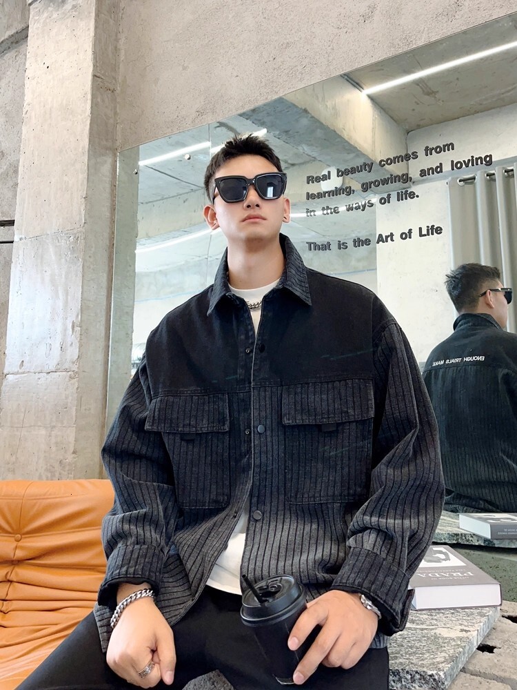 Men's Denim Trendy Brand Turn-down Collar Gradient Color Striped Top Youth Spring New Loose Casual Jacket