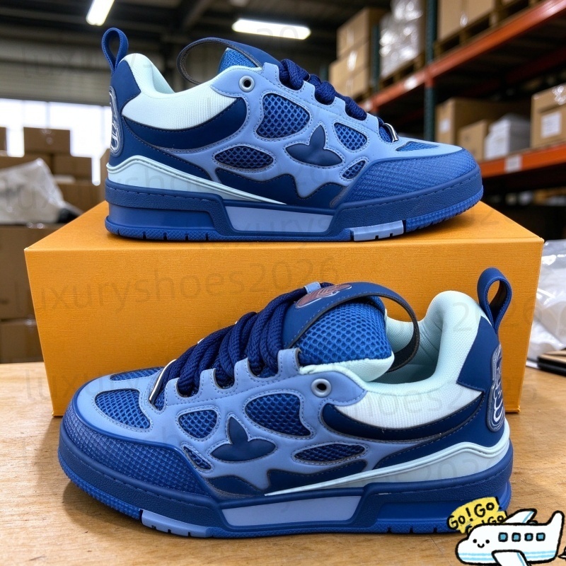 SKATE Designer Sport Shoes Mens Womens Running Trainer Blue Calf Leather Embossed Stitching Craft Thick Platform Wearproof Rubber Outsole Low Top Sp