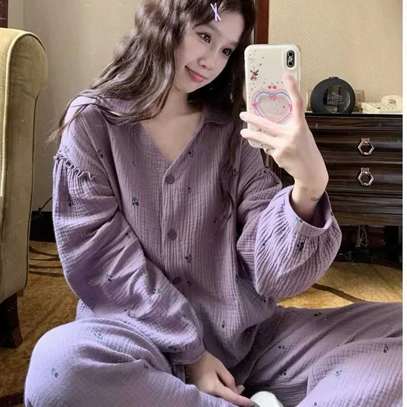 Women's Sleep Lounge Korean Sweet Sleepwear For Sleeping Set New Spring Autumn Cotton Women's Pajamas Suit V Neck Long Sleeve Lounge Home