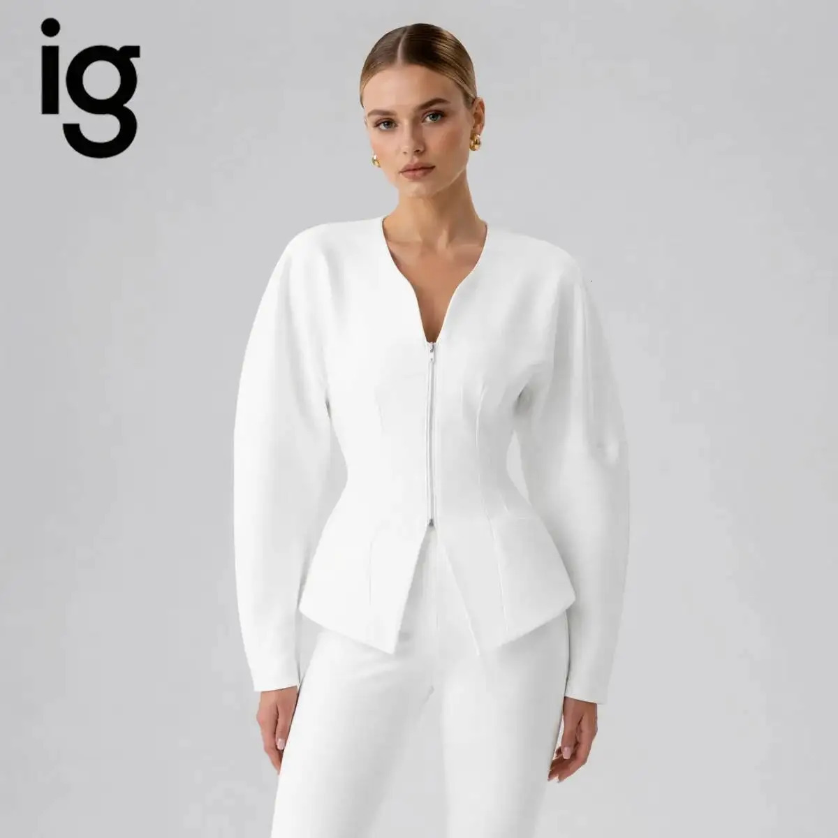 IG 26 Womens V Neck Zip Up Blazer Jacket Long Sleeve Seamed Waist Tailored Slim Pockets Solid Elegant Office Outer Coat 260924