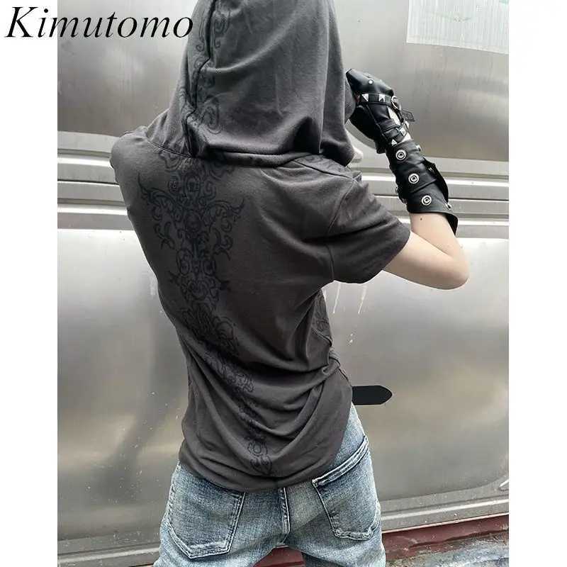 Kimutomo Women T Shirts Hooded Short Sleeve PrintPunk Style Short Sleeve Y2k Aesthetic Harajuku Tops Grunge Gothic Ladies T260923