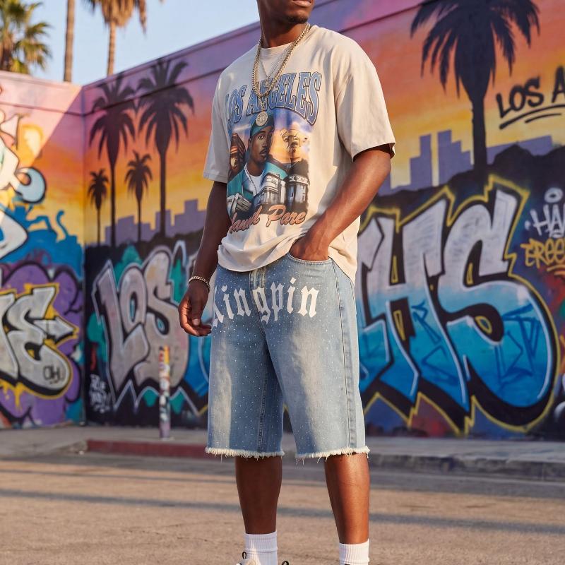 Mens Vintage Light Blue Denim Shorts Gothic Letter Print Allover Rhinestone Studded Raw Frayed Hem Loose Fit Hip Hop Casual Jorts