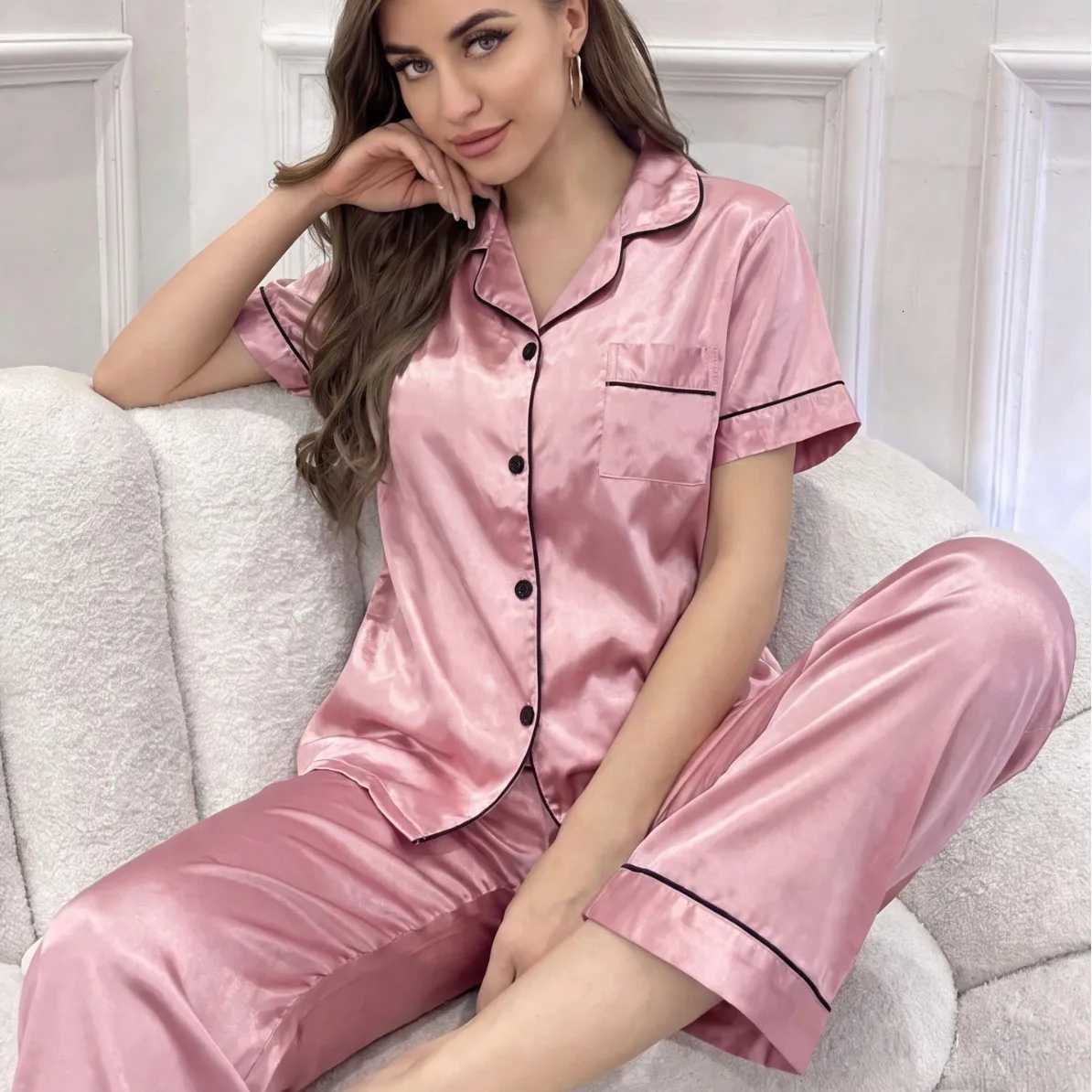 Women's Sleep Lounge New Spring and Summer Women's Short-Sleeve Pajamas Spring and Autumn Women's Pajamas Stylish Smooth Long Pants H