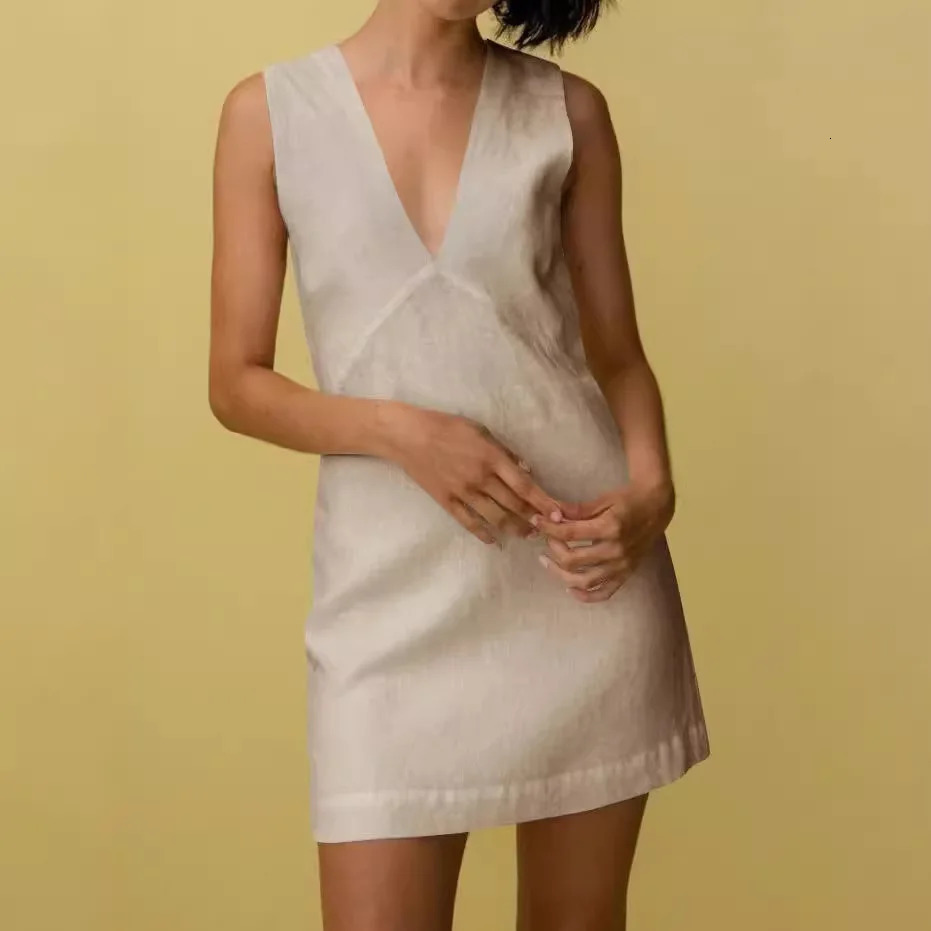 Women's V-neck -Linen Sleeveless Dress Summer Essential Solid-Colour Fitted Tank Top Casual Short Skirt 260923