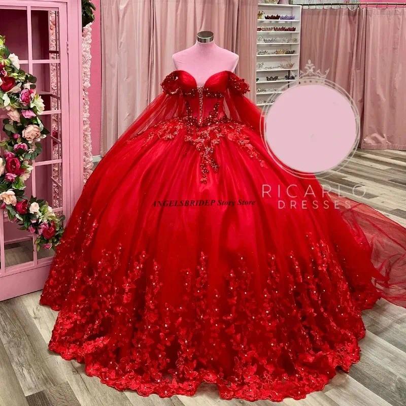 Luxury Red Quinceanera Dresses Sequins Applique Bead Tulle Sweet 16 Year Vestidos De 15 Anos Court Train
