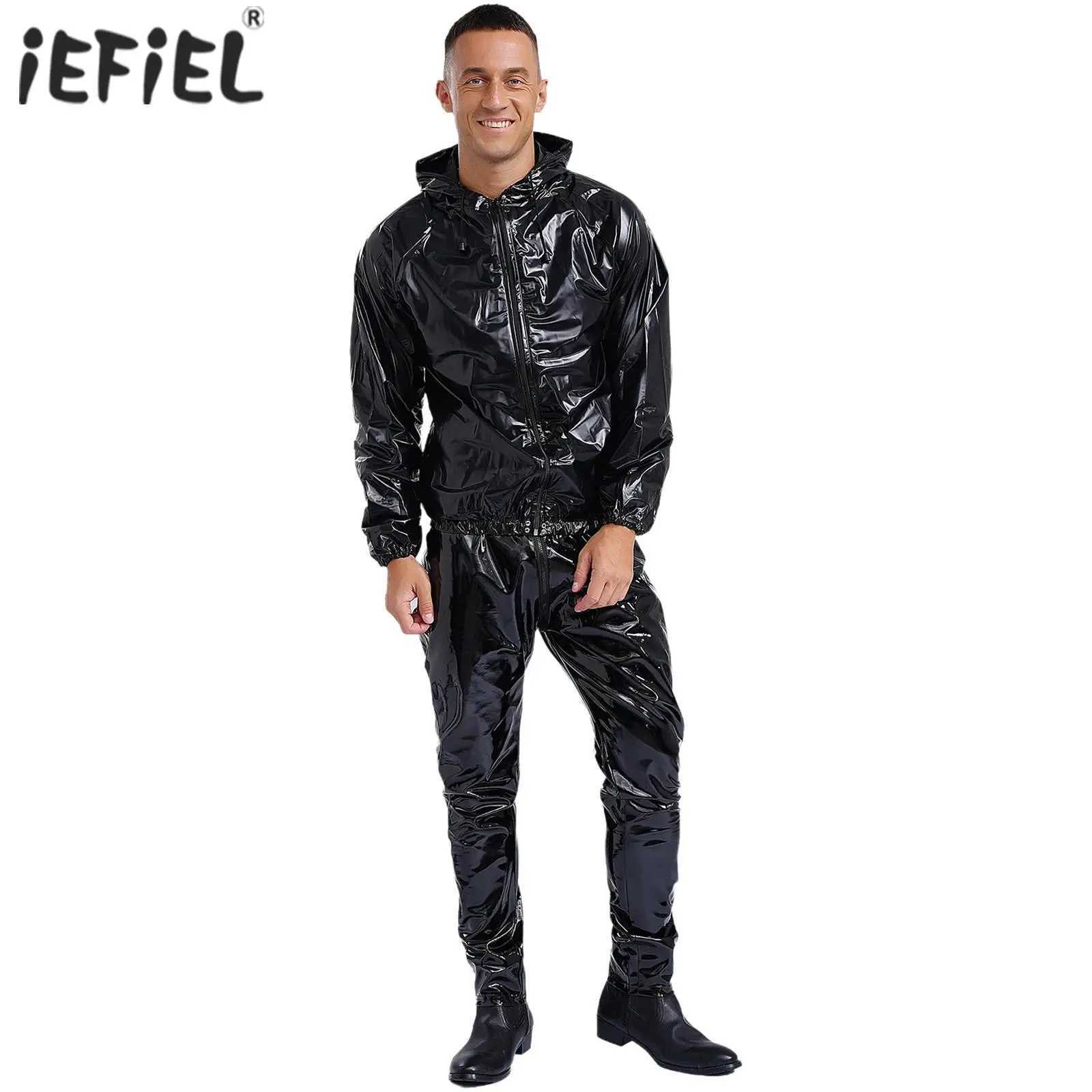 Unisex Womens Mens PVC Sauna Suit Sports Exercise Workout Outfit Long Sleeve Zipper Drawstring Hooded Jacket Tops with Pants T260924