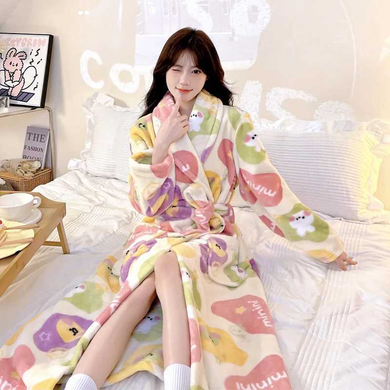 Lounge Women's Sleep 2024 Autumn Winter New Flannel Nightwear Loose Kimono Robe Sweet Homewear Women Warm Robes Long Sleepwear Loose Loungewear