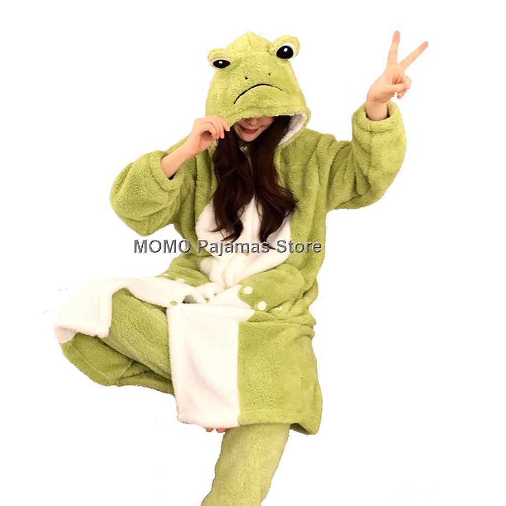 Sleep Lounge Women's Long-sleeved Cartoon Hooded Nightgown With Pants Two Pieces Set Warm Coral Fleece Cute Frog Cosplay Christmas Women's