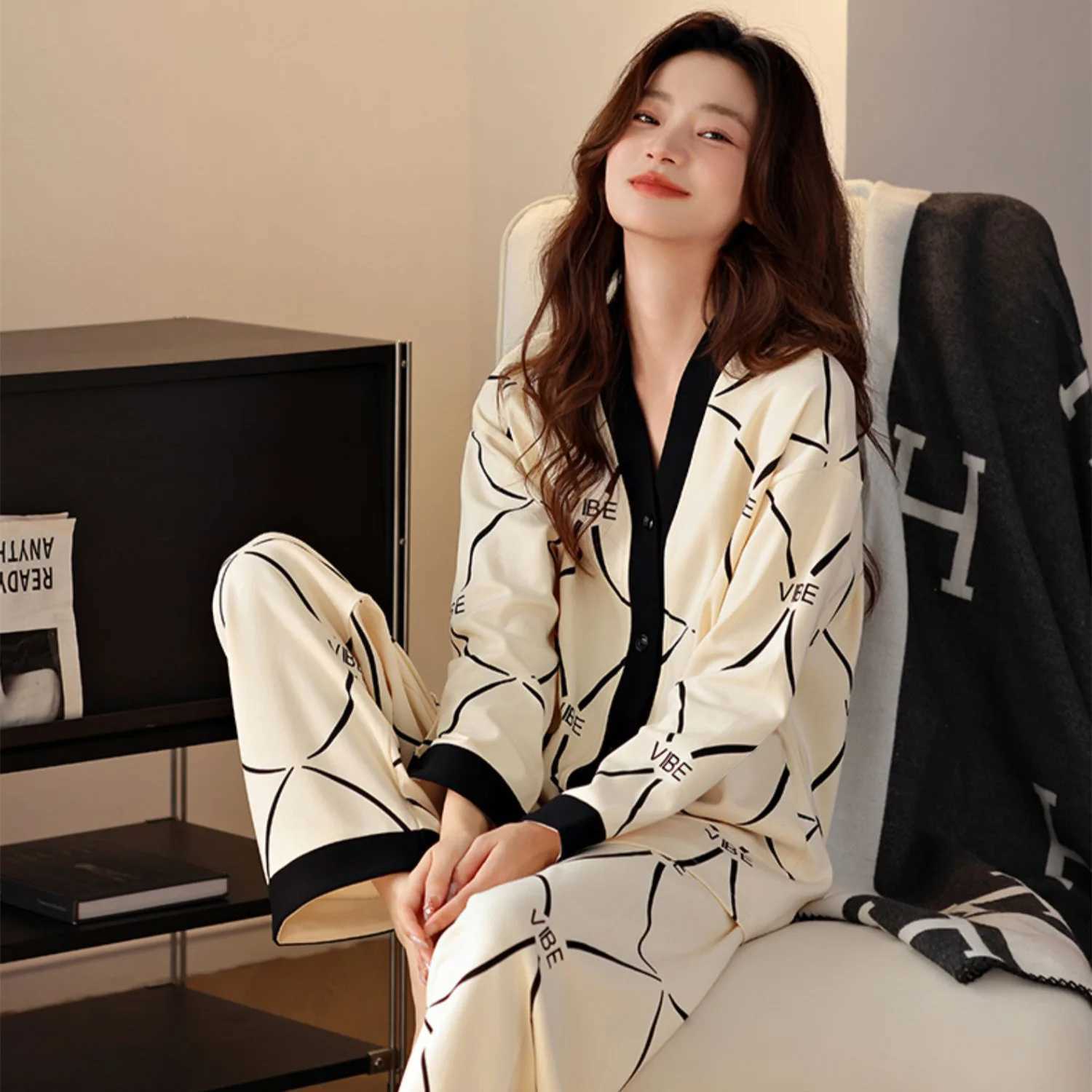 Women's Sleep Lounge Women's New Pajamas Homewear Set of Spring and Autumn Pajamas Women Long-Sleeved Cardigan Ins Girls Cute Fall Pajamas