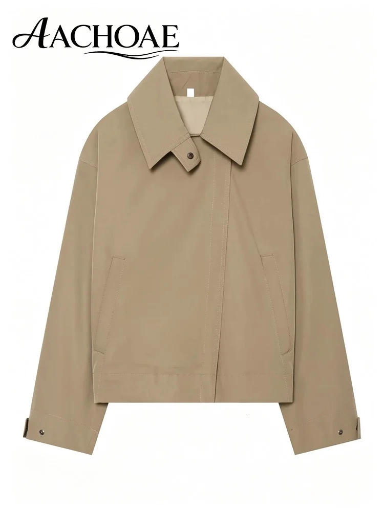 AACHOAE Womens Short Trench Jacket Turn Down Collar Zip Up Casual Windbreaker Coat Minimalist Oversized Spring Autumn 260923