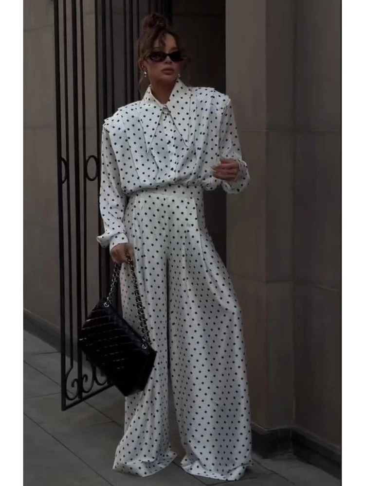 Polka Dot Printed Shirt Trouser Set Women Casual Full Sleeve Single Breasted High Waist Wide Leg Pant Suit Lady Elegant Outfit 260923